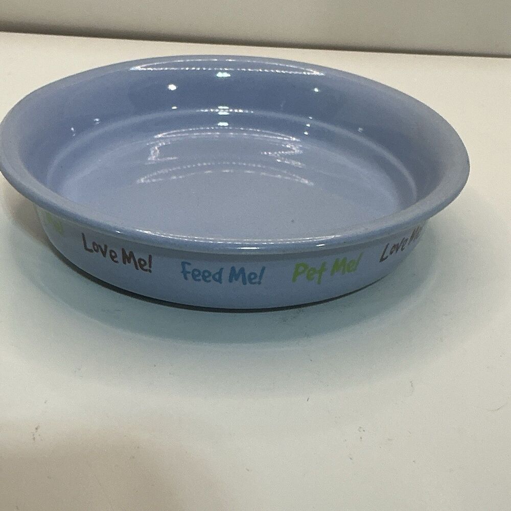 ROOM Creative Color Me Happy Pet Bowl Blue Stoneware Feed Me Love Me 6”